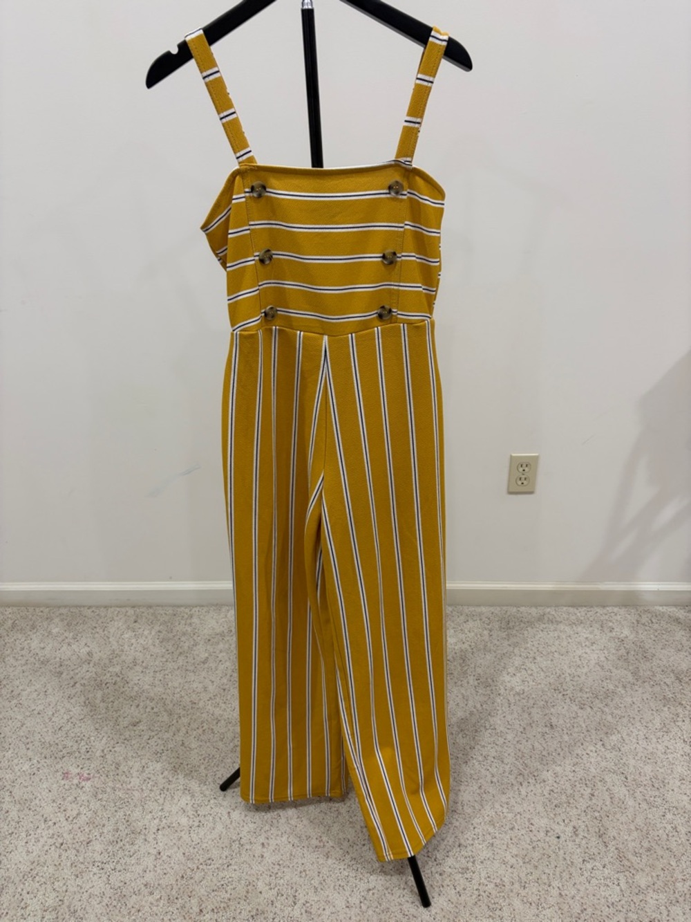 Striped Mustard Wide-Leg Jumpsuit with Button Detail